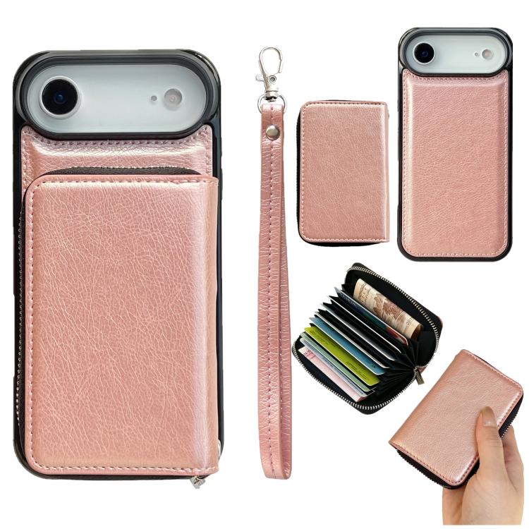 For iPhone Air Solid Color Zipper 11-Card Slots Bag Phone Case with Lanyard(Rose Gold)