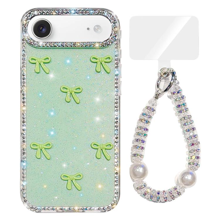 For iPhone Air Sparkling IMD Colorful Bow Phone Case with Bracelet(Glitter Light Green)