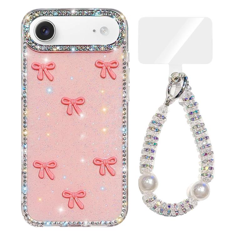 For iPhone Air Sparkling IMD Colorful Bow Phone Case with Bracelet(Glitter Light Pink)