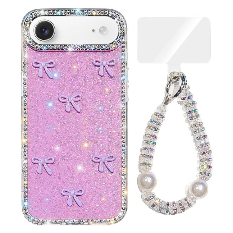 For iPhone Air Sparkling IMD Colorful Bow Phone Case with Bracelet(Glitter Light Purple)