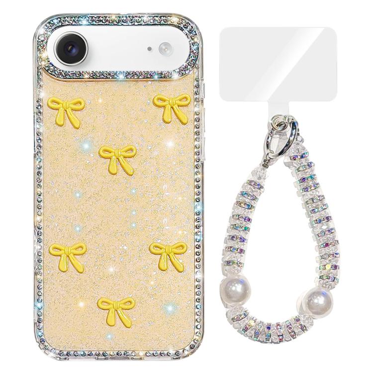 For iPhone Air Sparkling IMD Colorful Bow Phone Case with Bracelet(Glitter Light Yellow)