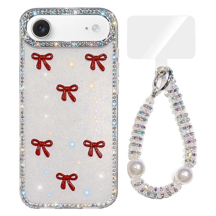 For iPhone Air Sparkling IMD Colorful Bow Phone Case with Bracelet(Glitter White)