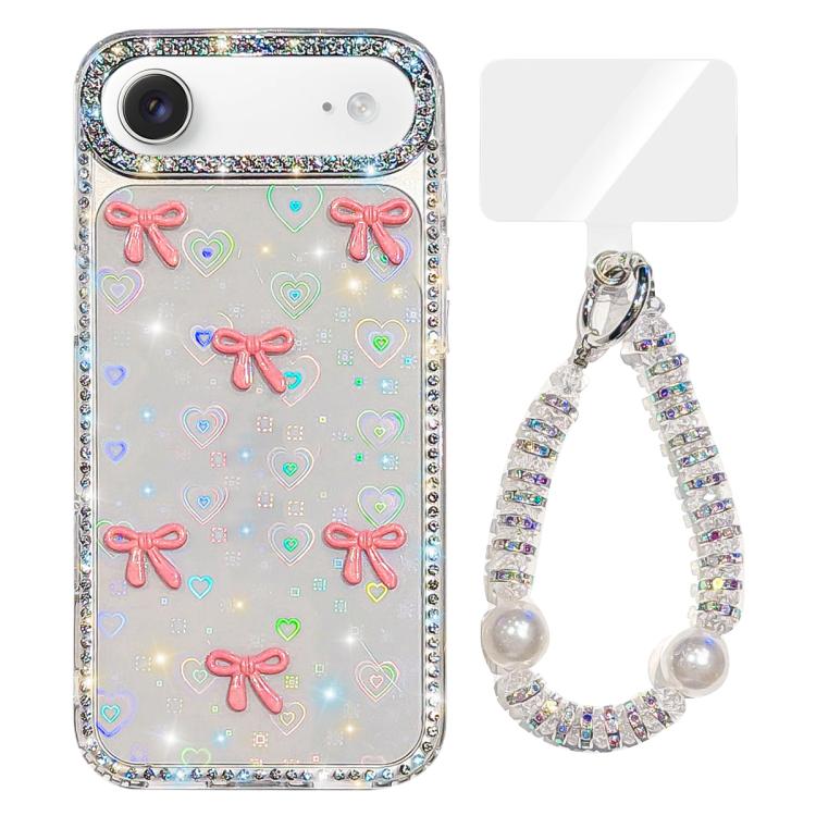 For iPhone Air Sparkling IMD Colorful Bow Phone Case with Bracelet(Love Transparent)