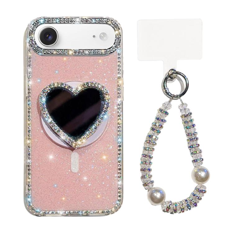 For iPhone Air Sparkling IMD Heart-Shaped Mirror Magnetic Phone Case with Bracelet(Glitter Light Pink)