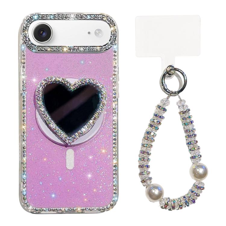 For iPhone Air Sparkling IMD Heart-Shaped Mirror Magnetic Phone Case with Bracelet(Glitter Light Purple)
