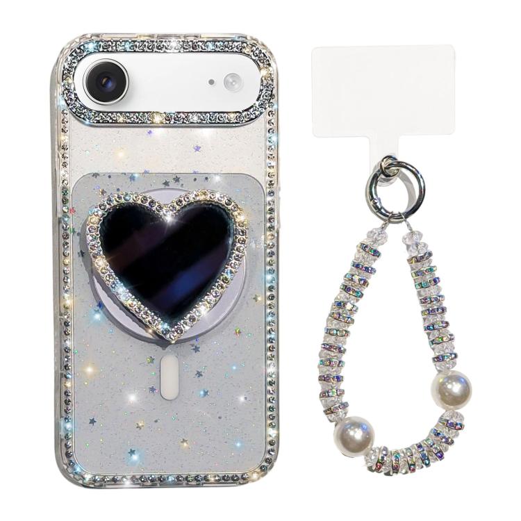 For iPhone Air Sparkling IMD Heart-Shaped Mirror Magnetic Phone Case with Bracelet(Glitter Star)