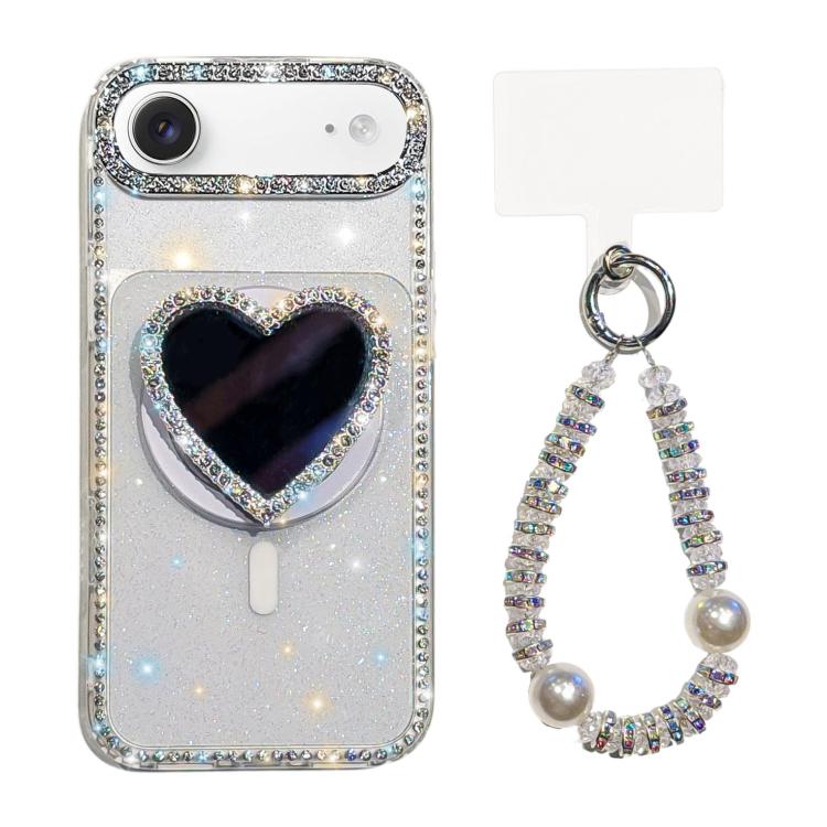 For iPhone Air Sparkling IMD Heart-Shaped Mirror Magnetic Phone Case with Bracelet(Glitter Transparent)