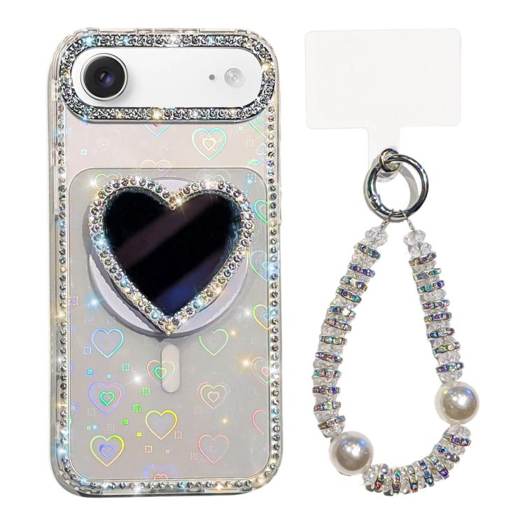 For iPhone Air Sparkling IMD Heart-Shaped Mirror Magnetic Phone Case with Bracelet(Love Transparent)
