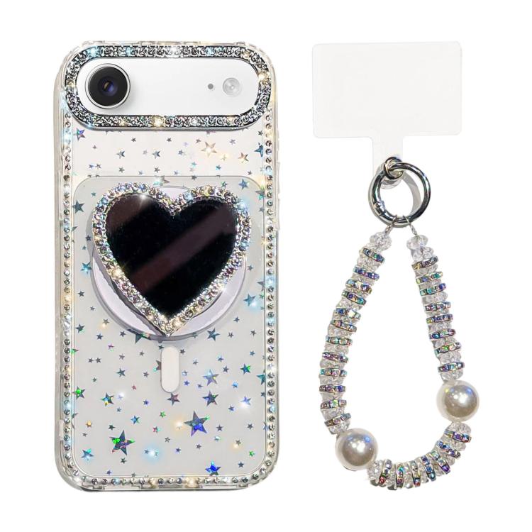 For iPhone Air Sparkling IMD Heart-Shaped Mirror Magnetic Phone Case with Bracelet(Star Transparent)