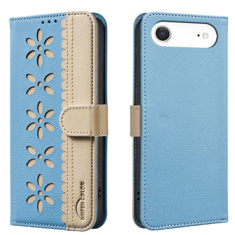 For iPhone Air Splicing Color Hollow Flower Pattern RFID Leather Phone Case(Baby Blue)