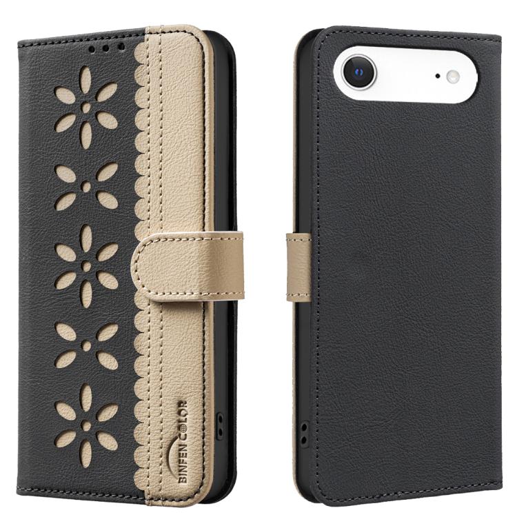 For iPhone Air Splicing Color Hollow Flower Pattern RFID Leather Phone Case(Black)