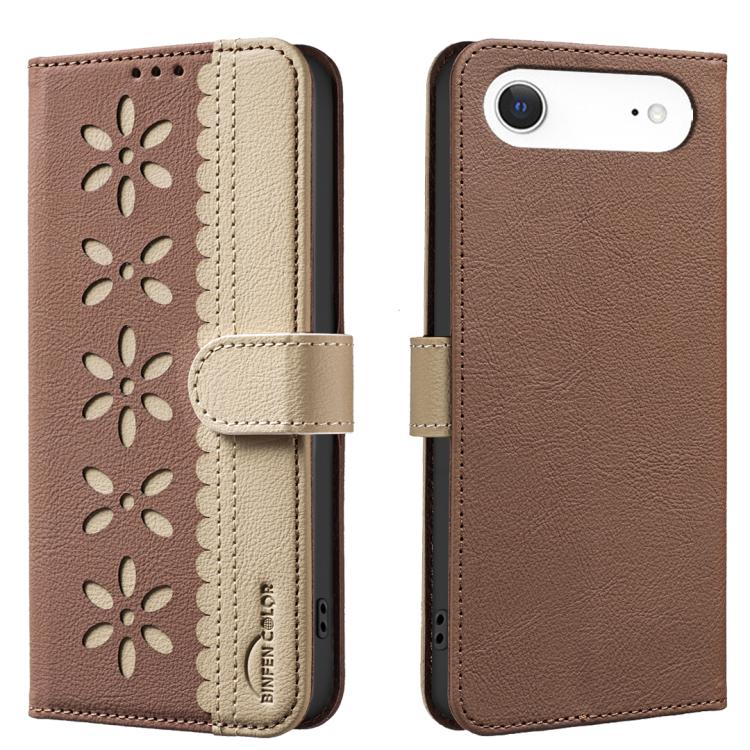 For iPhone Air Splicing Color Hollow Flower Pattern RFID Leather Phone Case(Brown)