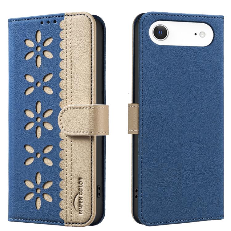 For iPhone Air Splicing Color Hollow Flower Pattern RFID Leather Phone Case(Dark Blue)