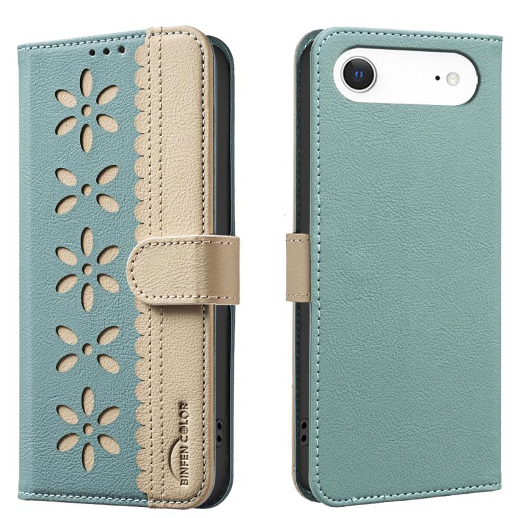 For iPhone Air Splicing Color Hollow Flower Pattern RFID Leather Phone Case(Green)