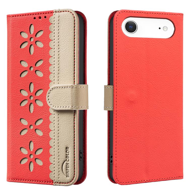 For iPhone Air Splicing Color Hollow Flower Pattern RFID Leather Phone Case(Red)