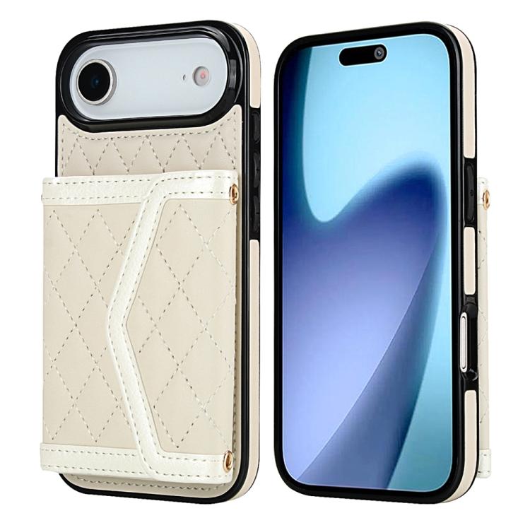 For iPhone Air Splicing Rhombic Texture Card Bag Phone Case with Long Lanyard(Beige)