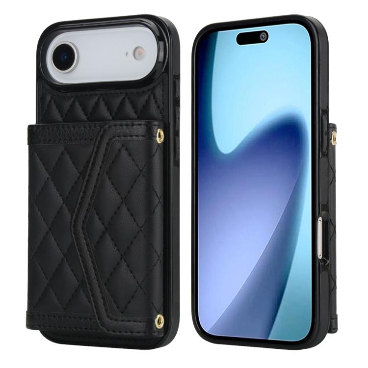 For iPhone Air Splicing Rhombic Texture Card Bag Phone Case with Long Lanyard(Black)