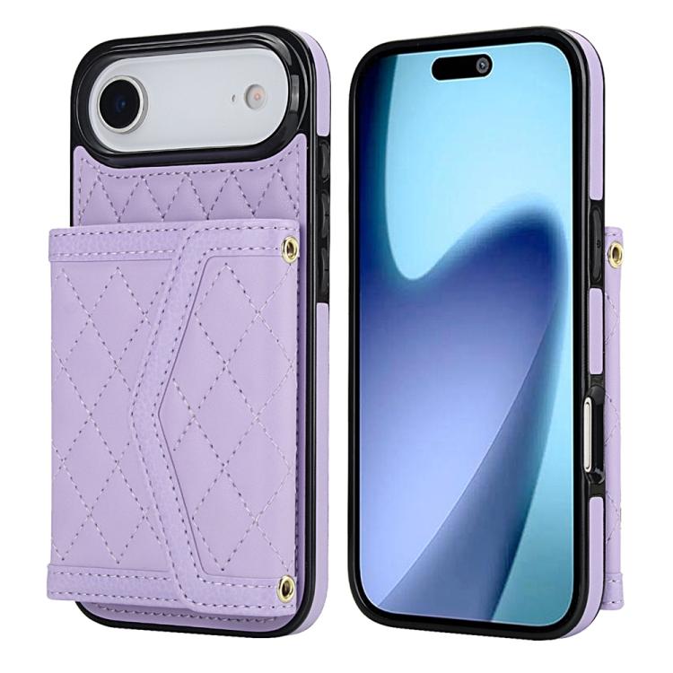 For iPhone Air Splicing Rhombic Texture Card Bag Phone Case with Long Lanyard(Purple)