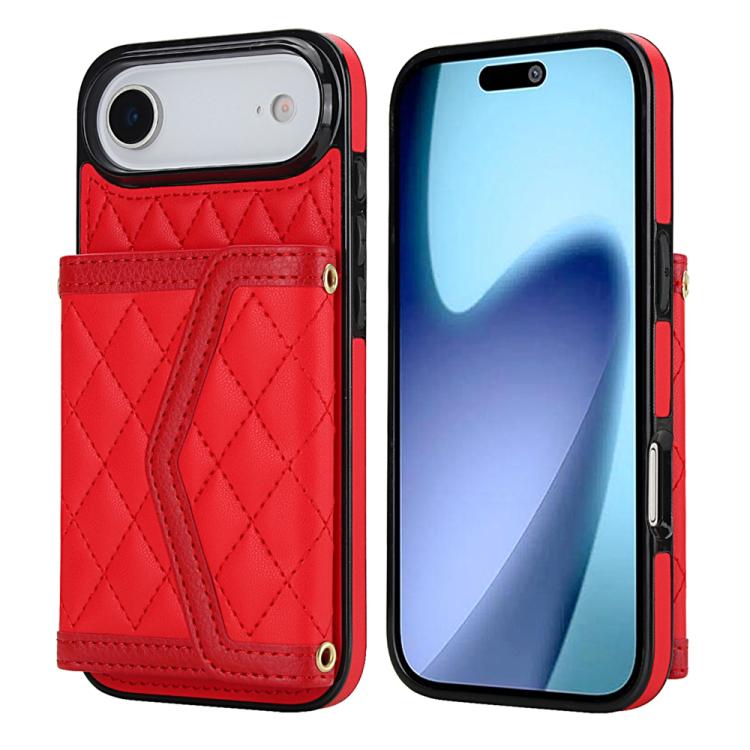 For iPhone Air Splicing Rhombic Texture Card Bag Phone Case with Long Lanyard(Red)