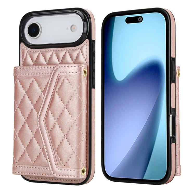 For iPhone Air Splicing Rhombic Texture Card Bag Phone Case with Long Lanyard(Rose Gold)