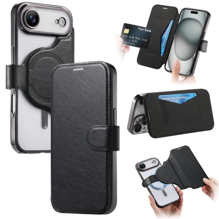 For iPhone Air Splitable Electroplated MagSafe RFID Anti-theft Leather Phone Case with Lens Film(Black)