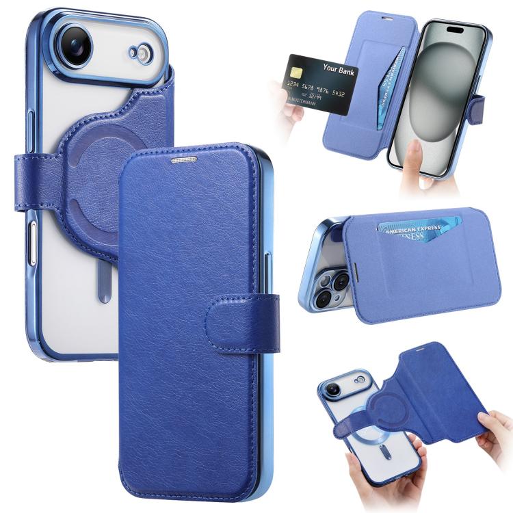For iPhone Air Splitable Electroplated MagSafe RFID Anti-theft Leather Phone Case with Lens Film(Blue)