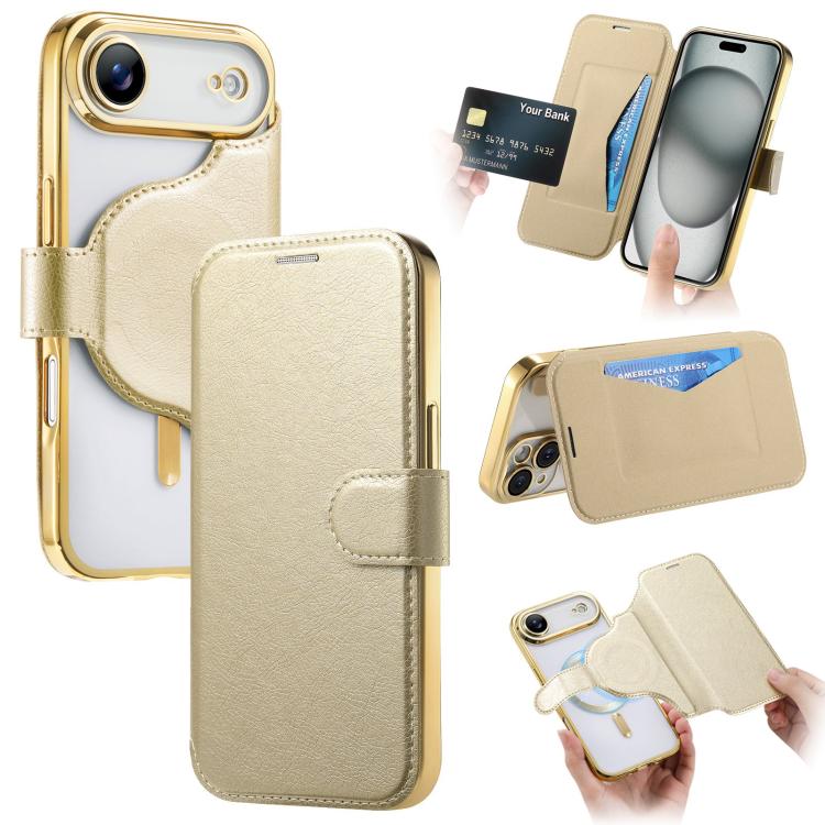 For iPhone Air Splitable Electroplated MagSafe RFID Anti-theft Leather Phone Case with Lens Film(Gold)