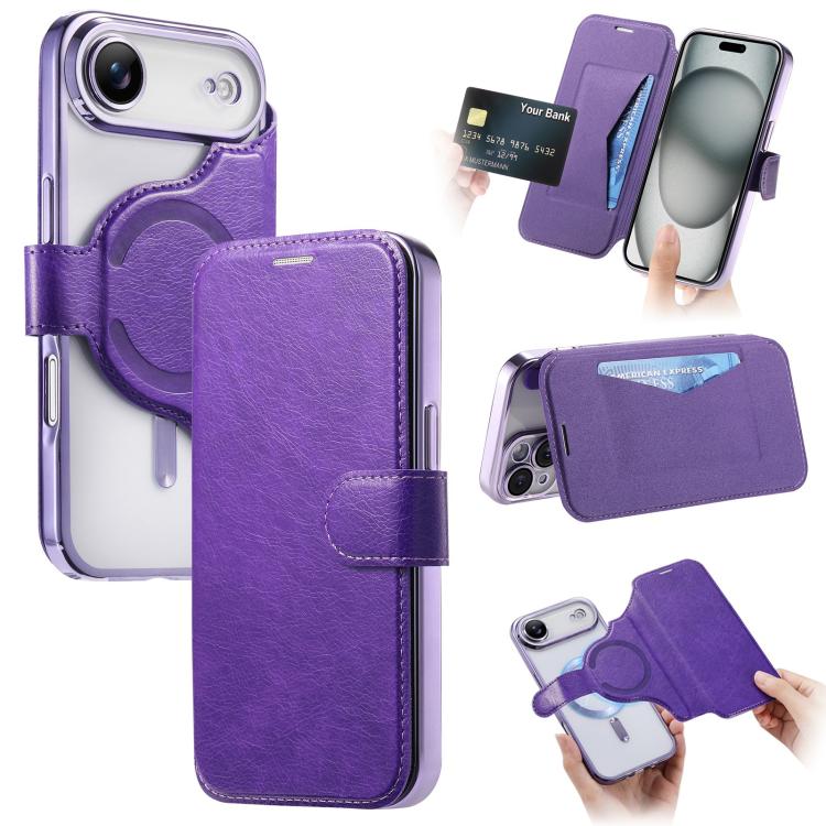 For iPhone Air Splitable Electroplated MagSafe RFID Anti-theft Leather Phone Case with Lens Film(Purple)