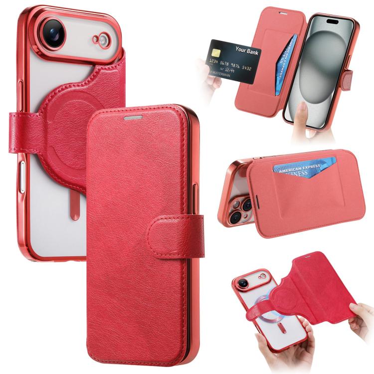For iPhone Air Splitable Electroplated MagSafe RFID Anti-theft Leather Phone Case with Lens Film(Red)