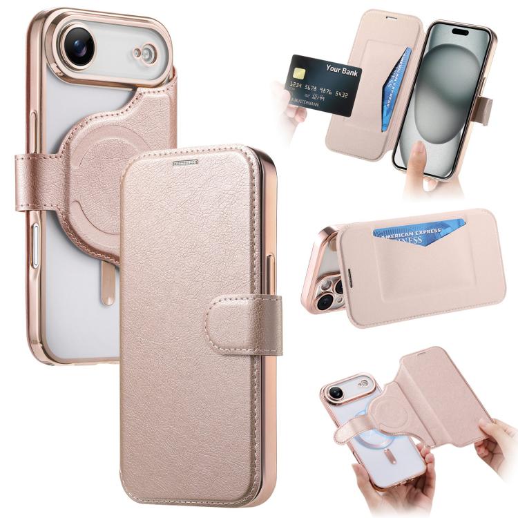 For iPhone Air Splitable Electroplated MagSafe RFID Anti-theft Leather Phone Case with Lens Film(Rose Gold)