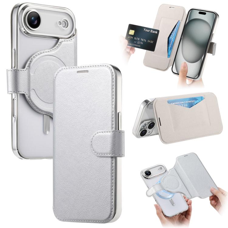 For iPhone Air Splitable Electroplated MagSafe RFID Anti-theft Leather Phone Case with Lens Film(Silver)