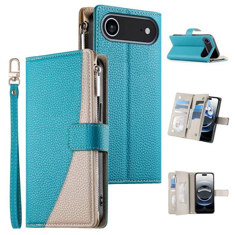 For iPhone Air Stitching Multi-card Zipper Wallet Leather Phone Case with Short Strap(Blue)