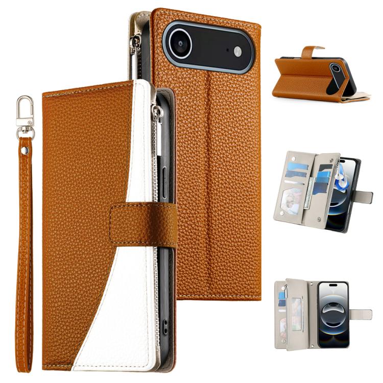 For iPhone Air Stitching Multi-card Zipper Wallet Leather Phone Case with Short Strap(Brown)