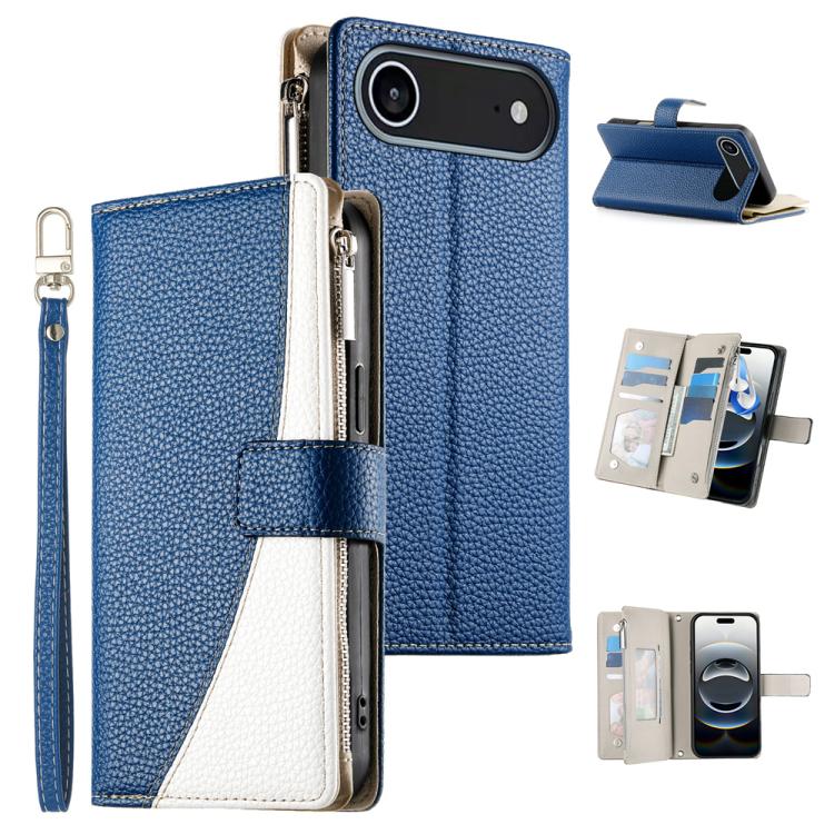For iPhone Air Stitching Multi-card Zipper Wallet Leather Phone Case with Short Strap(Dark Blue)