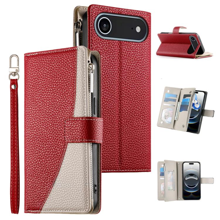 For iPhone Air Stitching Multi-card Zipper Wallet Leather Phone Case with Short Strap(Red)