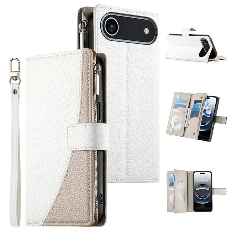 For iPhone Air Stitching Multi-card Zipper Wallet Leather Phone Case with Short Strap(White)