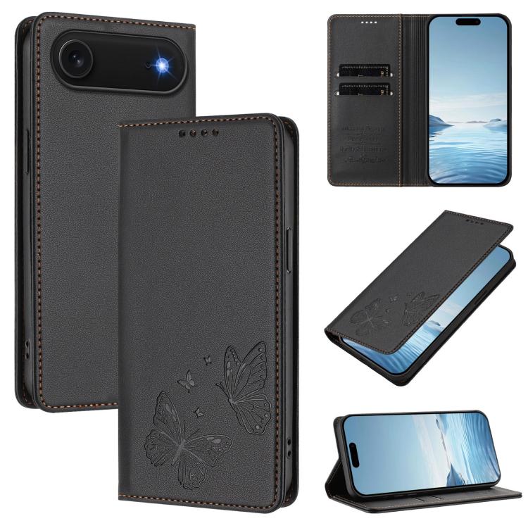 For iPhone Air Strong Magnetic Dual Butterfly RFID Vegan Leather Phone Case(Black)