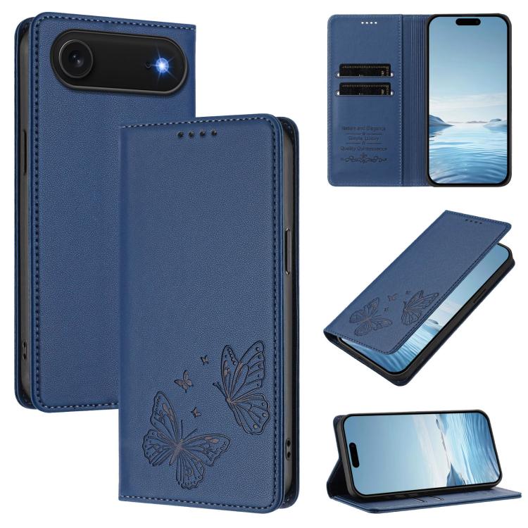 For iPhone Air Strong Magnetic Dual Butterfly RFID Vegan Leather Phone Case(Dark Blue)