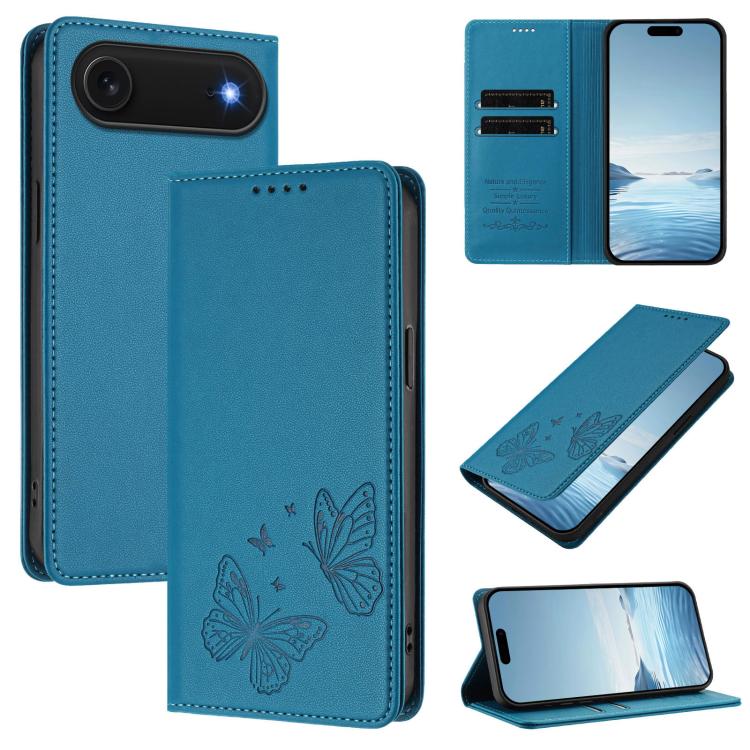 For iPhone Air Strong Magnetic Dual Butterfly RFID Vegan Leather Phone Case(Lake Blue)
