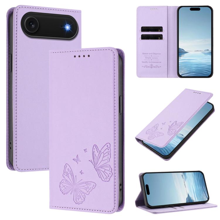 For iPhone Air Strong Magnetic Dual Butterfly RFID Vegan Leather Phone Case(Light Purple)