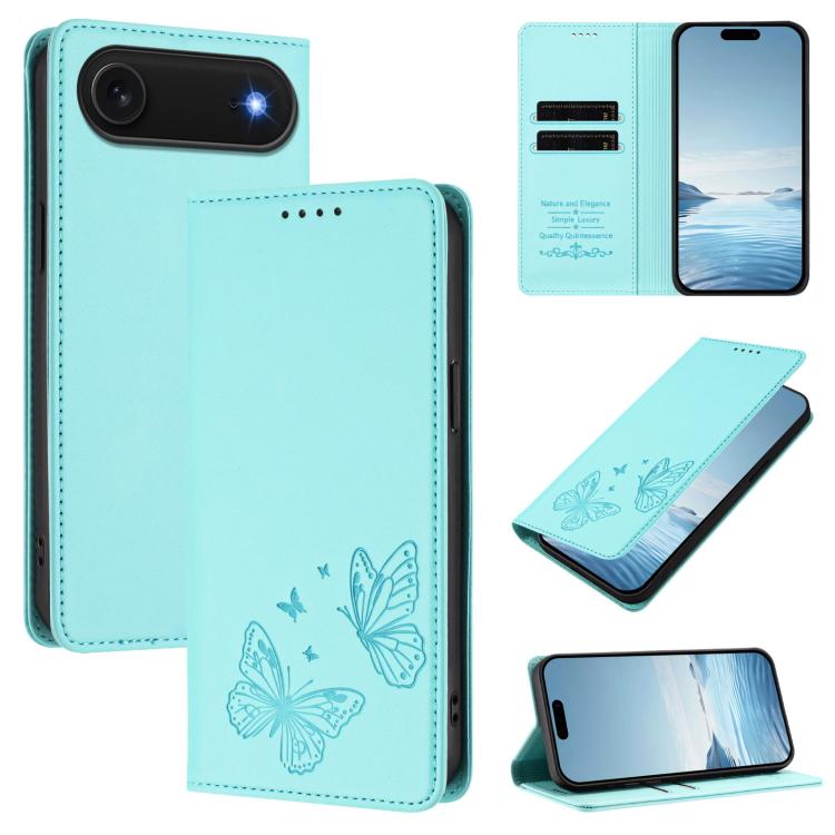 For iPhone Air Strong Magnetic Dual Butterfly RFID Vegan Leather Phone Case(Mint Green)