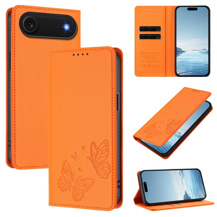 For iPhone Air Strong Magnetic Dual Butterfly RFID Vegan Leather Phone Case(Orange)