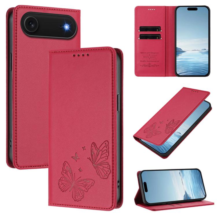 For iPhone Air Strong Magnetic Dual Butterfly RFID Vegan Leather Phone Case(Red)