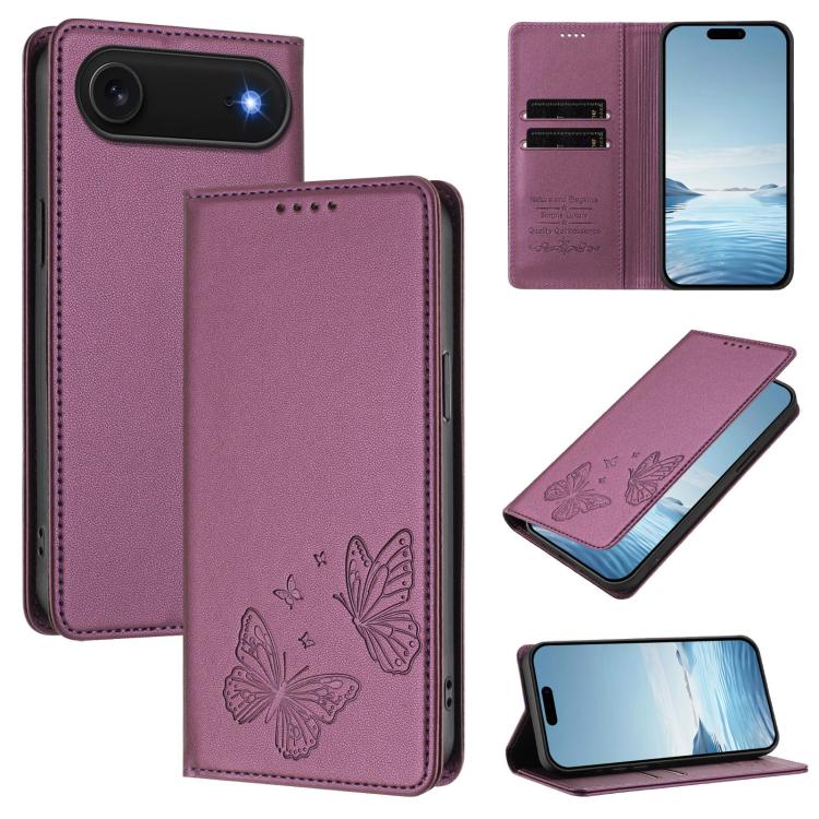 For iPhone Air Strong Magnetic Dual Butterfly RFID Vegan Leather Phone Case(Violet Purple)