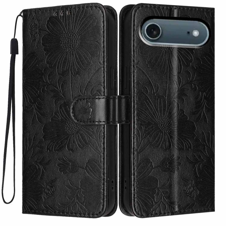 For iPhone Air Sunflower Embossed Vegan Leather Phone Case with Small Black Rope(Black)