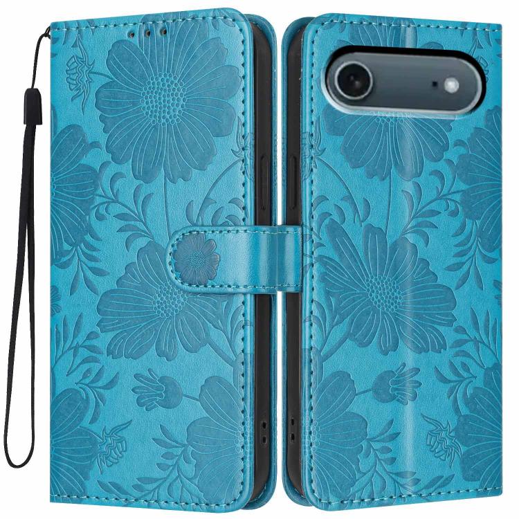 For iPhone Air Sunflower Embossed Vegan Leather Phone Case with Small Black Rope(Blue)
