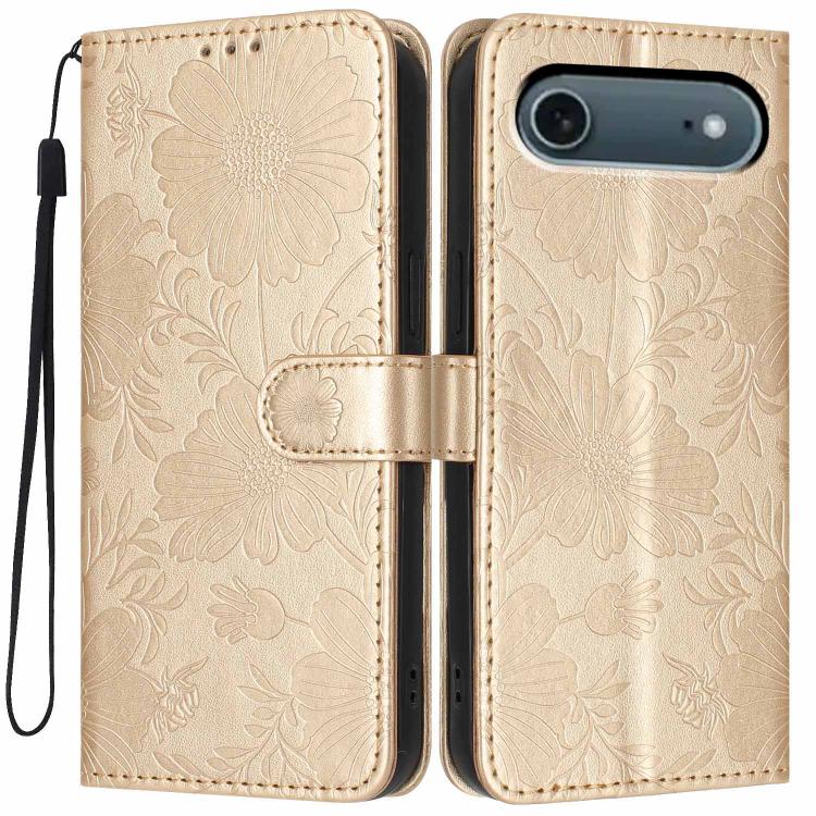 For iPhone Air Sunflower Embossed Vegan Leather Phone Case with Small Black Rope(Gold)
