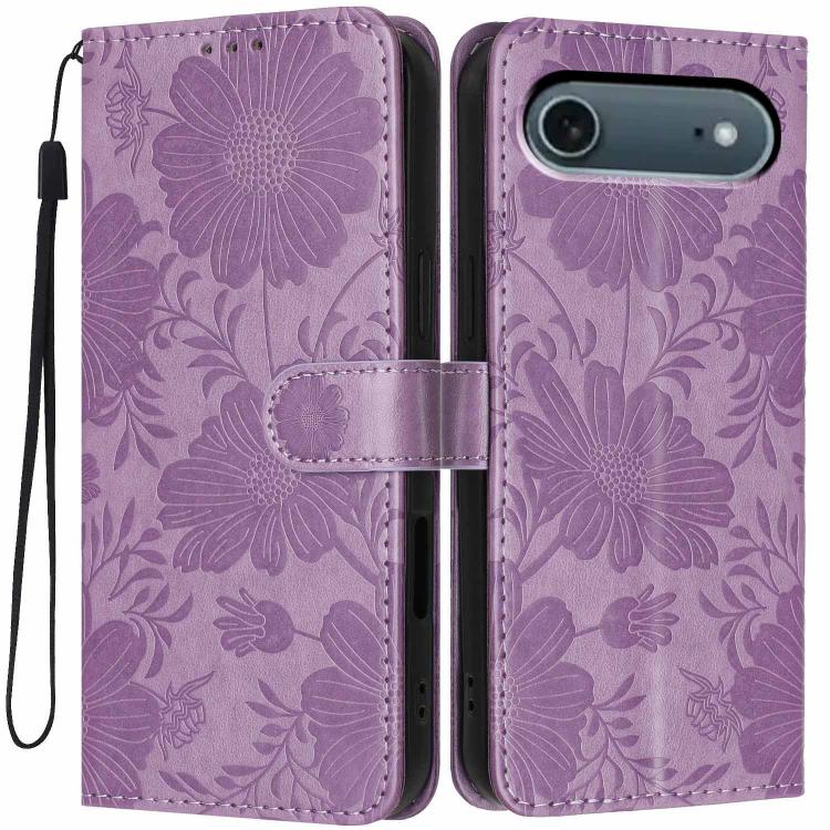 For iPhone Air Sunflower Embossed Vegan Leather Phone Case with Small Black Rope(Purple)