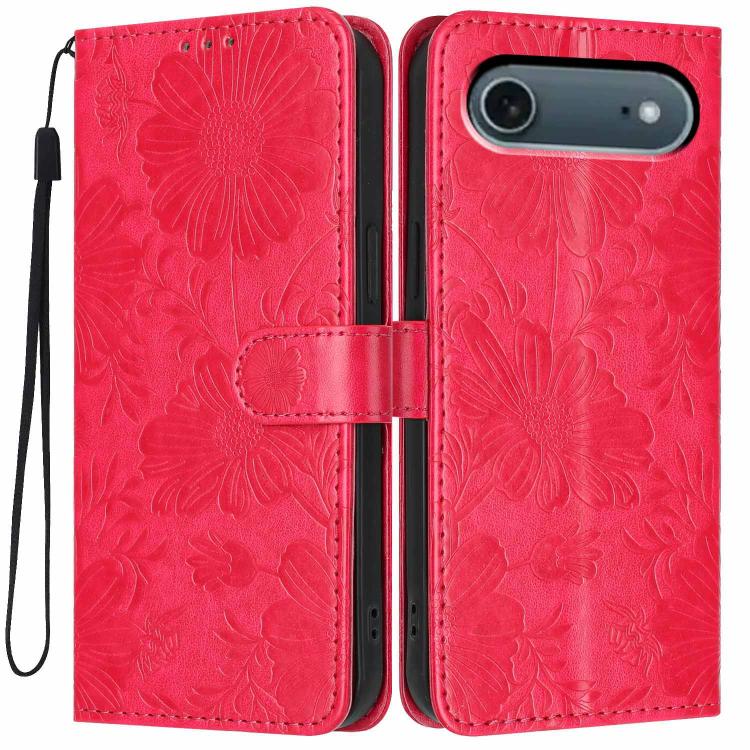 For iPhone Air Sunflower Embossed Vegan Leather Phone Case with Small Black Rope(Red)