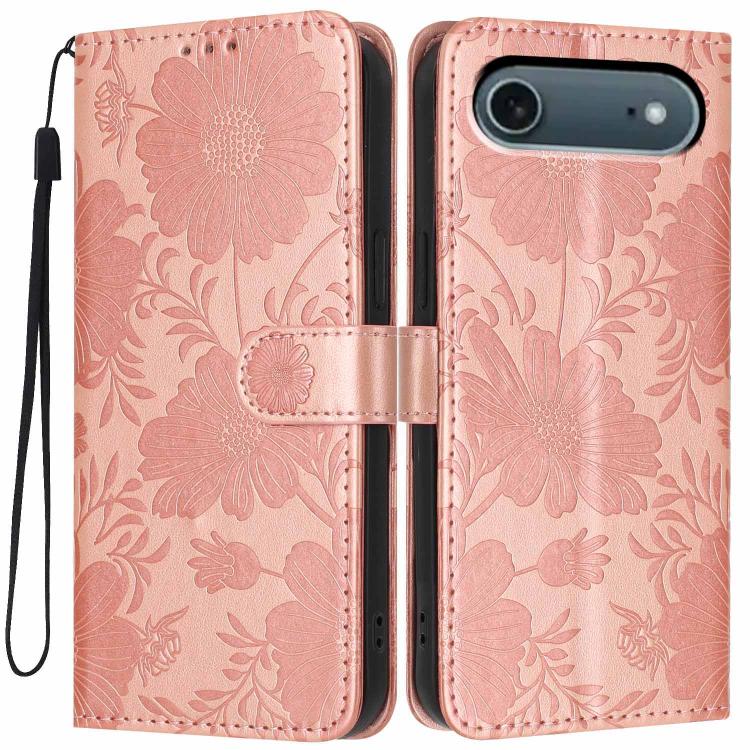 For iPhone Air Sunflower Embossed Vegan Leather Phone Case with Small Black Rope(Rose Gold)